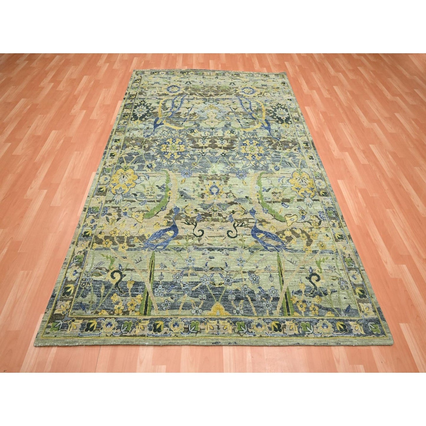6'1"X9'3" Green Broken And Erased Birds Design Hand Knotted Pure Wool Rug