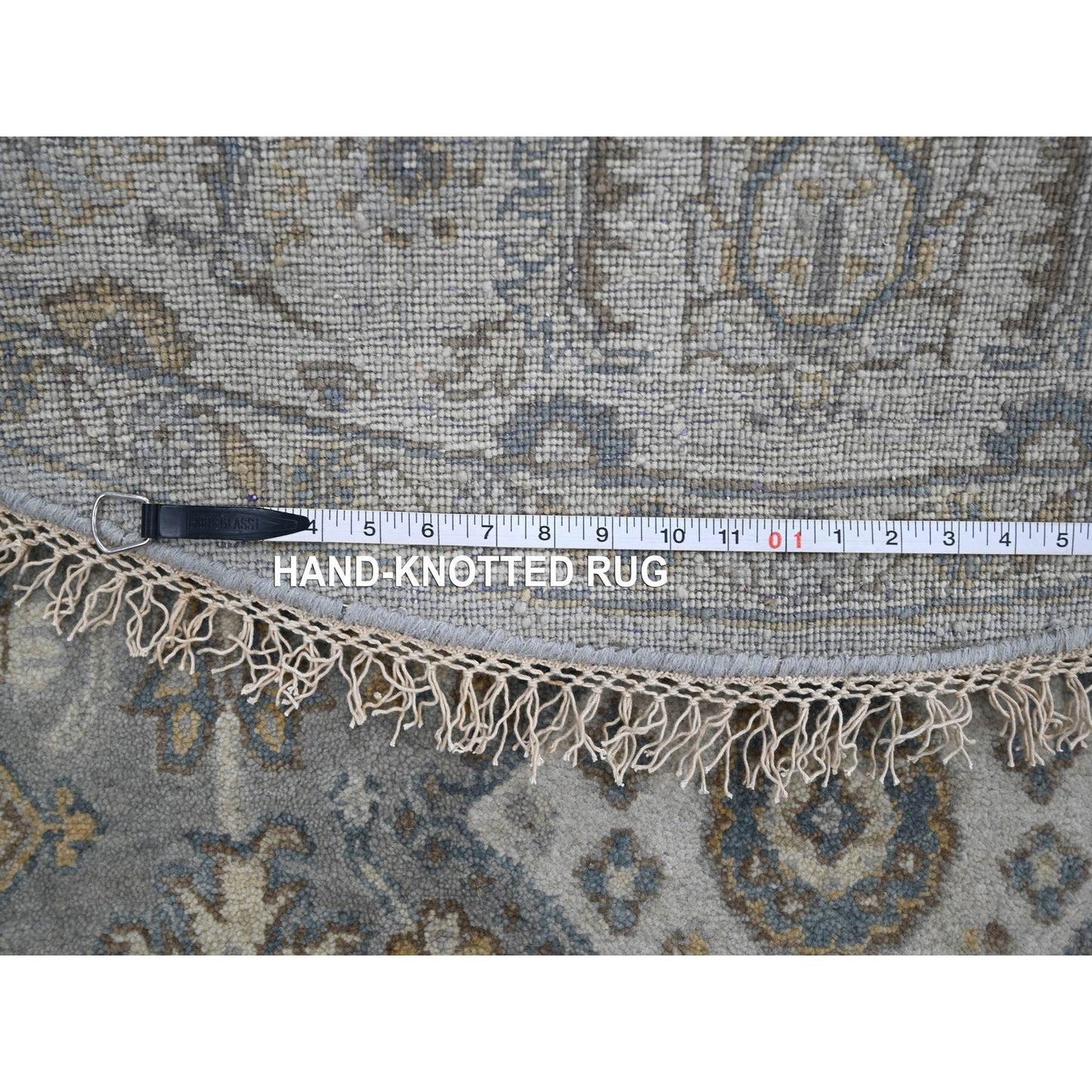 7'X7' Gray And Ivory Hand Knotted Karjihooz Design Soft Wool Round Rug