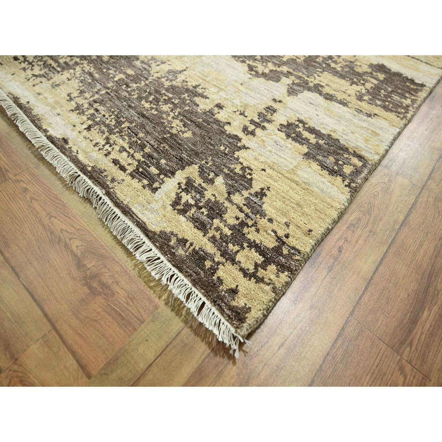 9'X12' Ivory & Brown Modern Abstract Design Hand Knotted Wool & Silk Rug