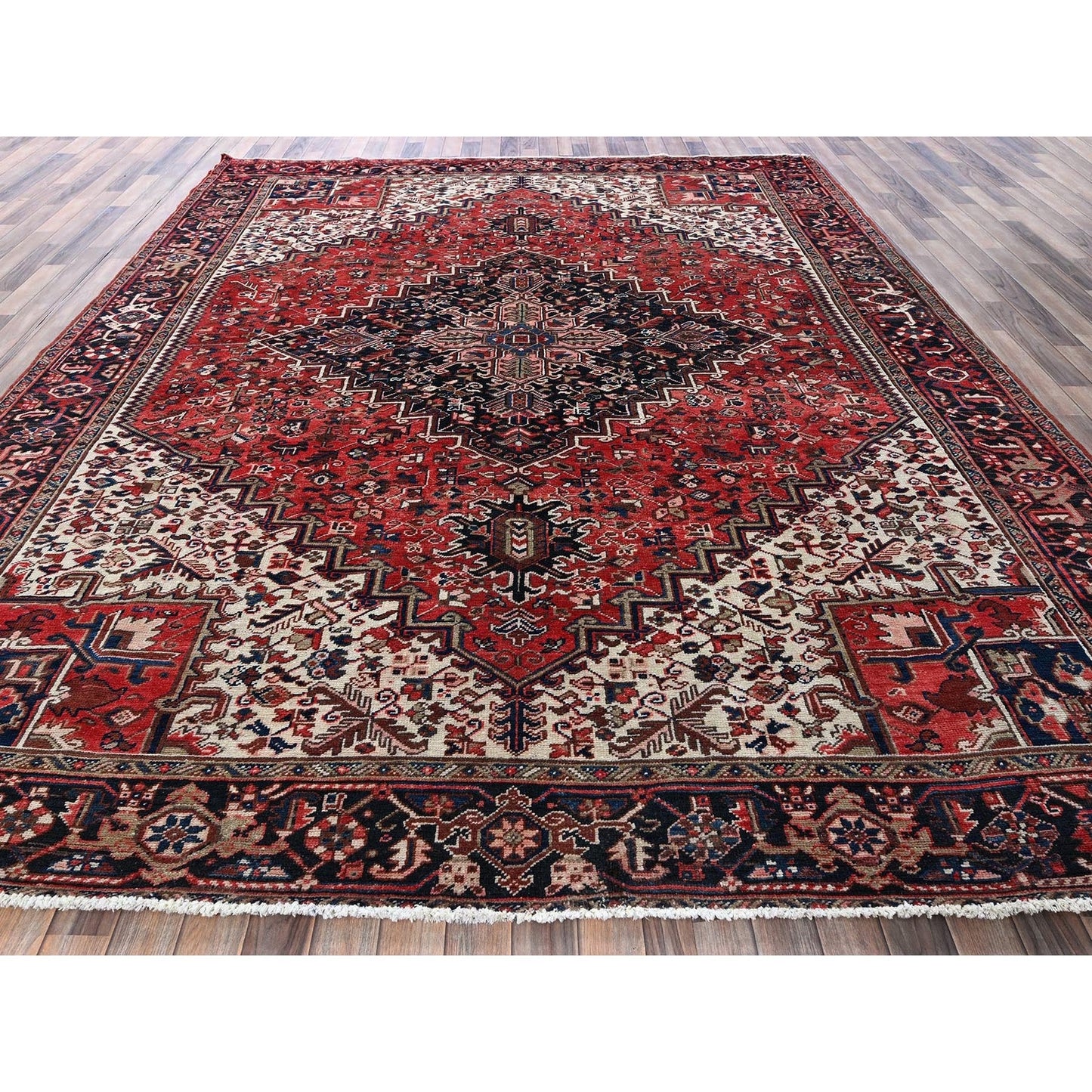 9'5"X11' Red Vintage Zoroastrian Heris Pure Wool Hand Knotted Squarish Rug