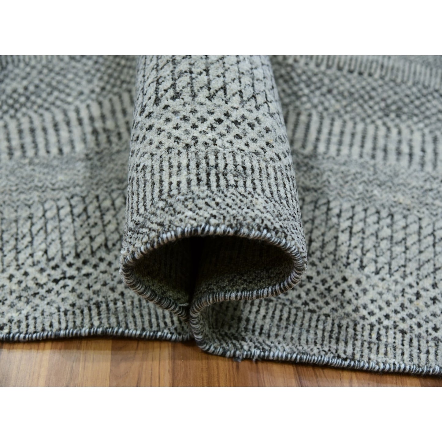 12'X12' Shower Gray Undyed Wool Grass Design Hand Knotted Round Rug