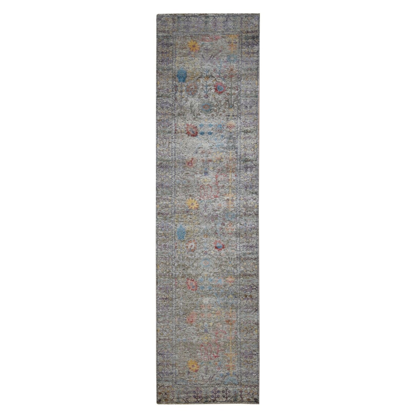 3'1"X12' Brown Silk With Wool Vase Design Hand Knotted Runner Rug