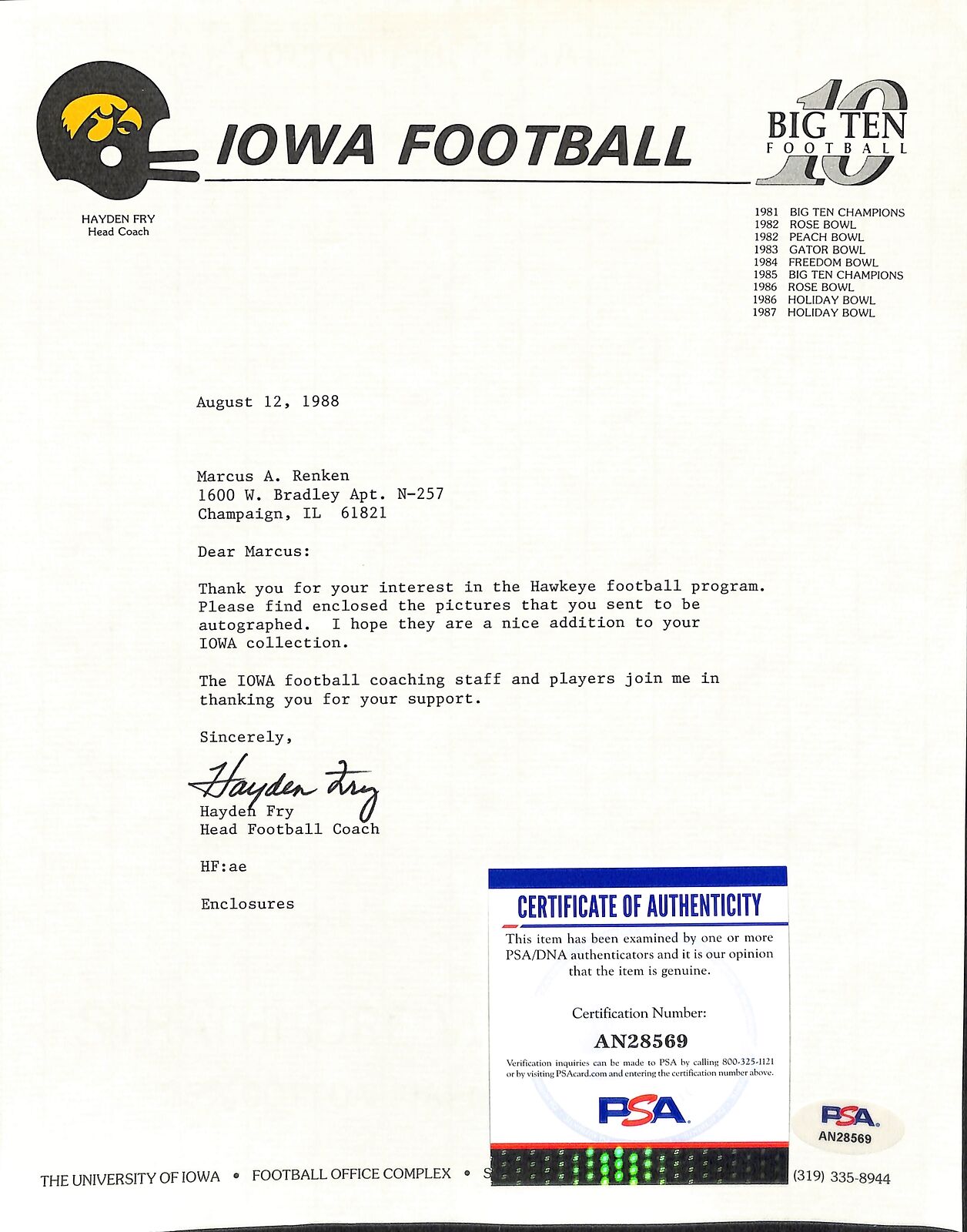 Hayden Fry Football Coach Signed Tls Letter