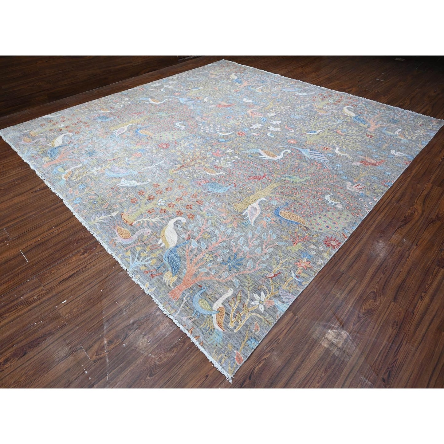 12'X12' Gray Hand Knotted Peshawar Birds Of Paradise Square Oriental Rug