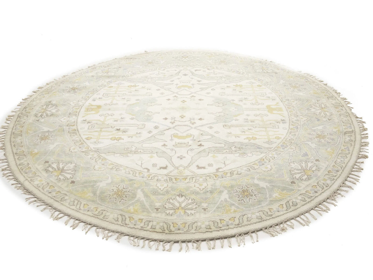 Hand-Knotted Cream Oushak Floral Round Rug