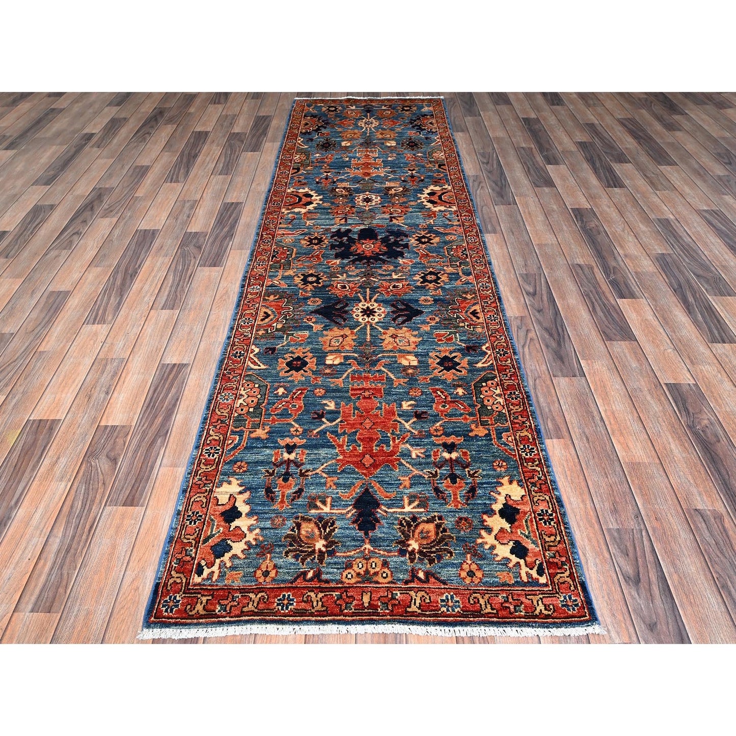 2'10"X9'7" Blue Heris All Over Design Soft Wool Hand Knotted Runner Rug