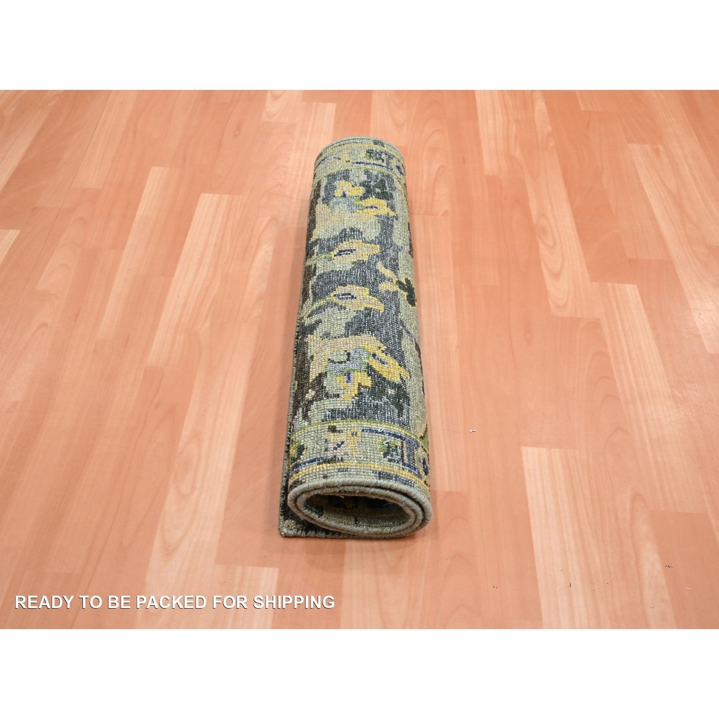 2'1"X3'6" Green Erased Zoroastrian Design Hand Knotted Pure Wool Mat Rug