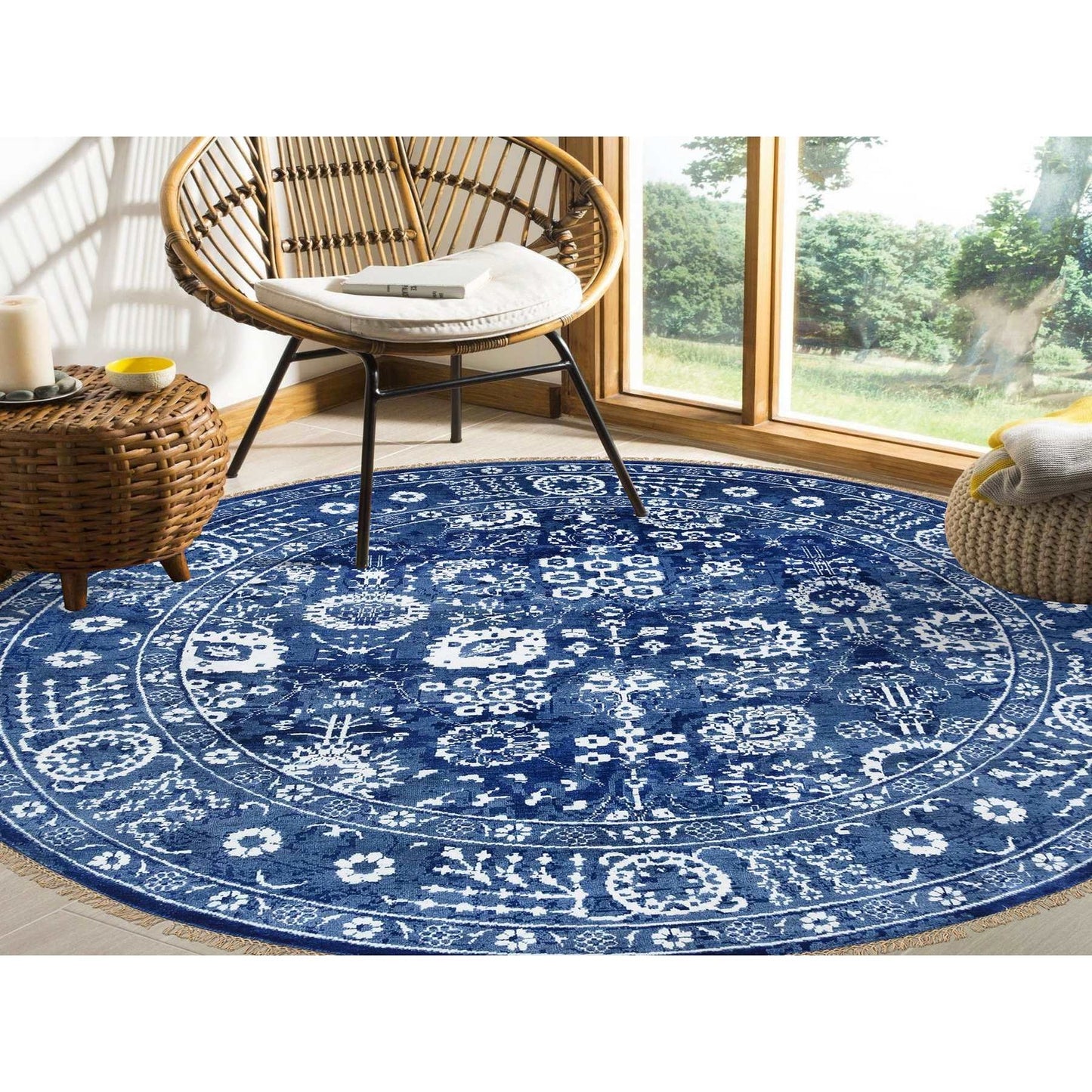 8'2"X8'2" Denim Blue Wool And Silk Hand Knotted Tebraz Round Rug