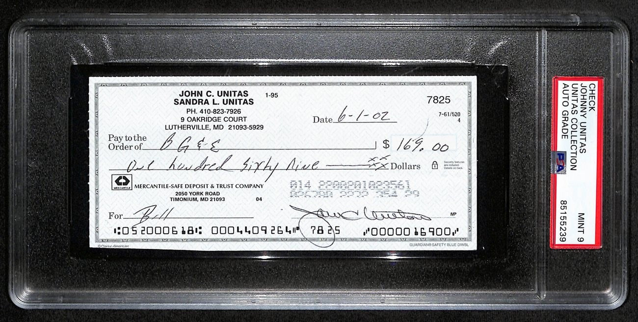 Johnny Unitas Signed 6/1/02 Check Psa/Dna Mint 9 188661