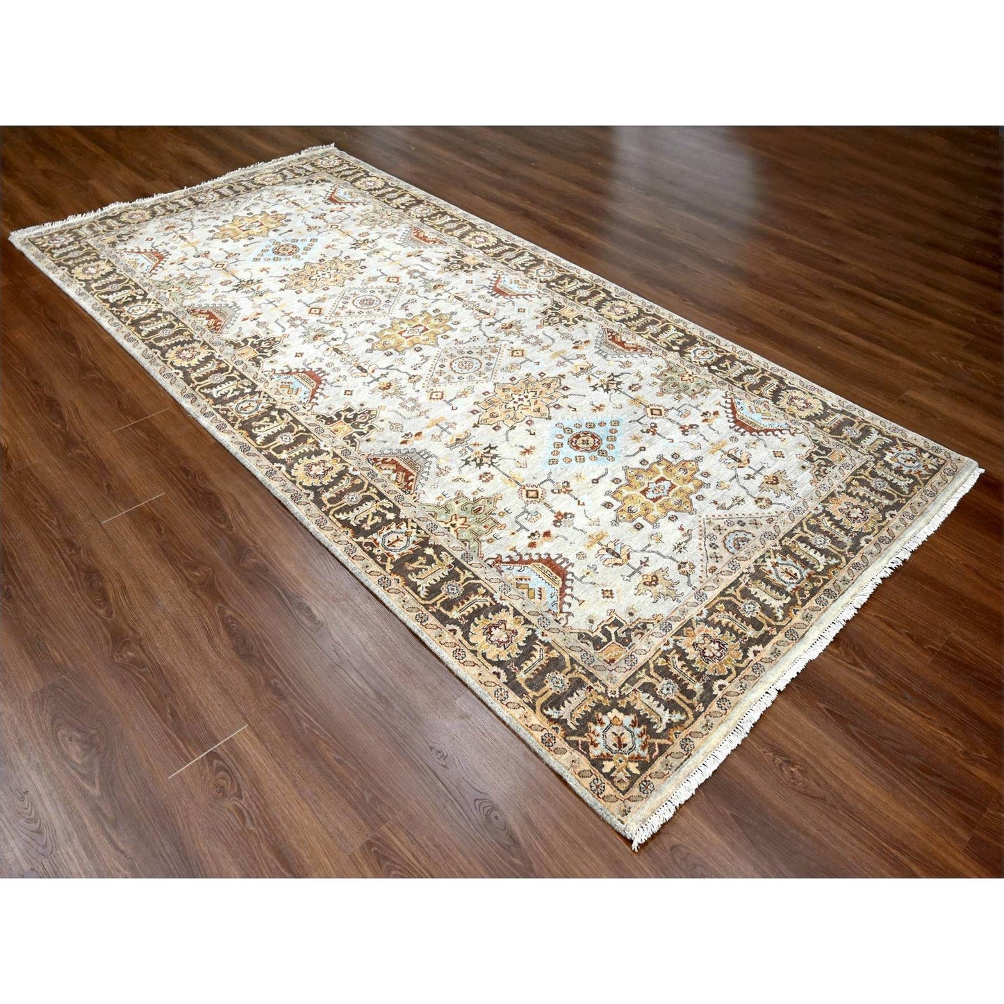 6'1"X11'10" Beige And Brown Karajeh Design Hand Knotted Wool Oriental Rug