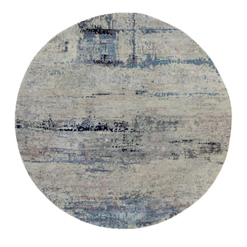 8'X8' Silver Blue Wool & Silk Modern Abstract Design Oriental Round Rug