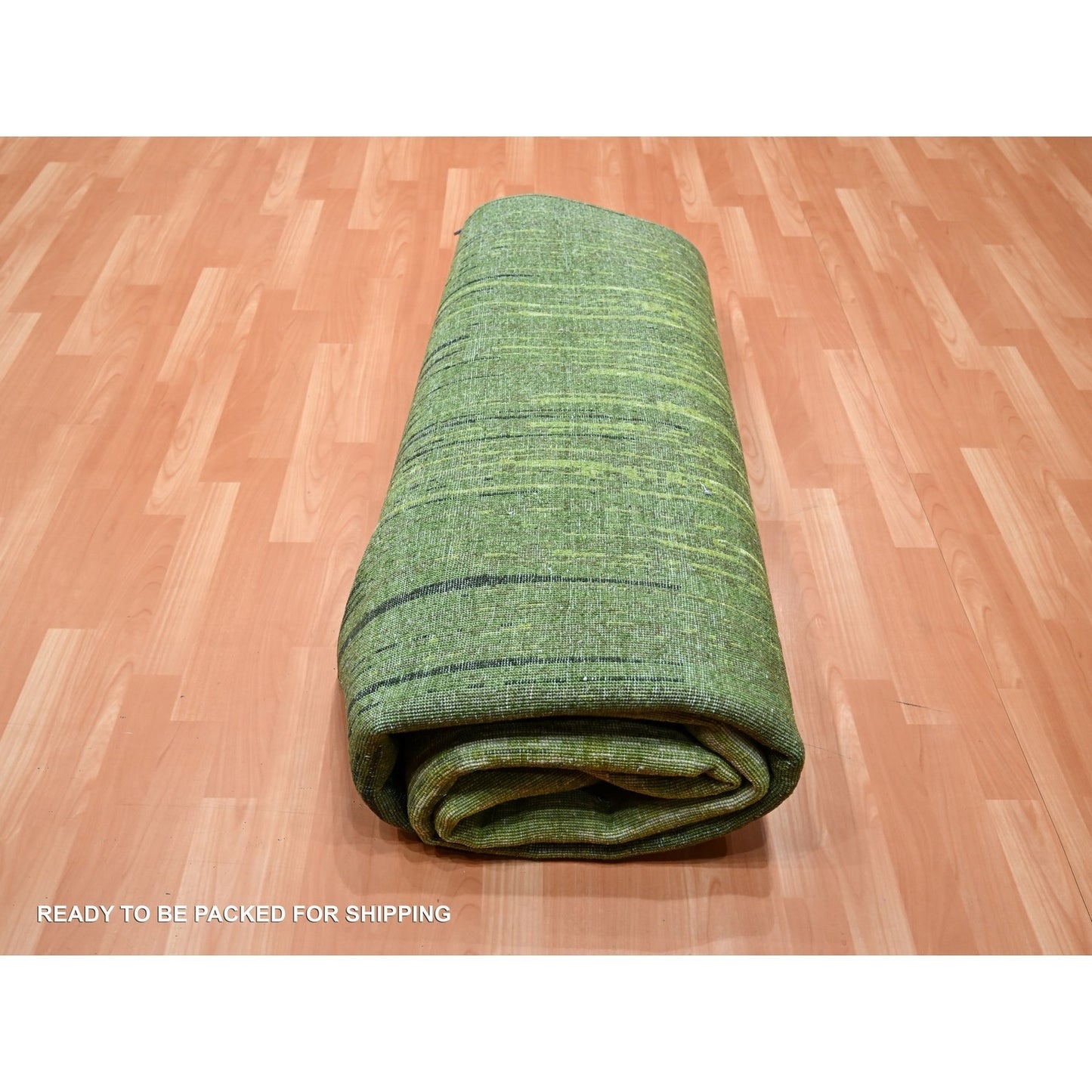 8'2"X10'3" Pickle Green Vertical Ombre Design Hand Knotted Soft Wool Rug