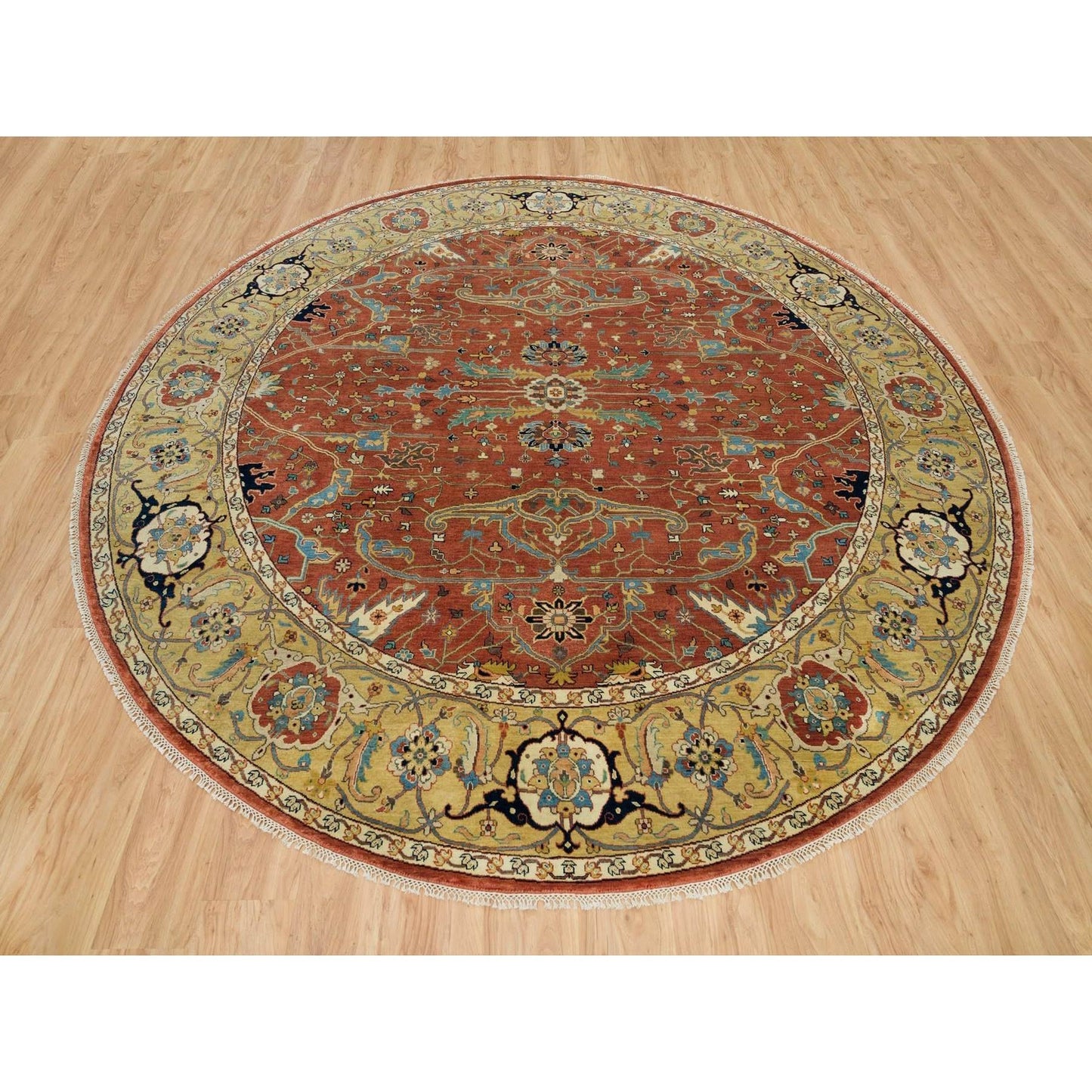 10'X10' Rust Red Fine Heris Re-Creation Wool Hand Knotted Round Rug