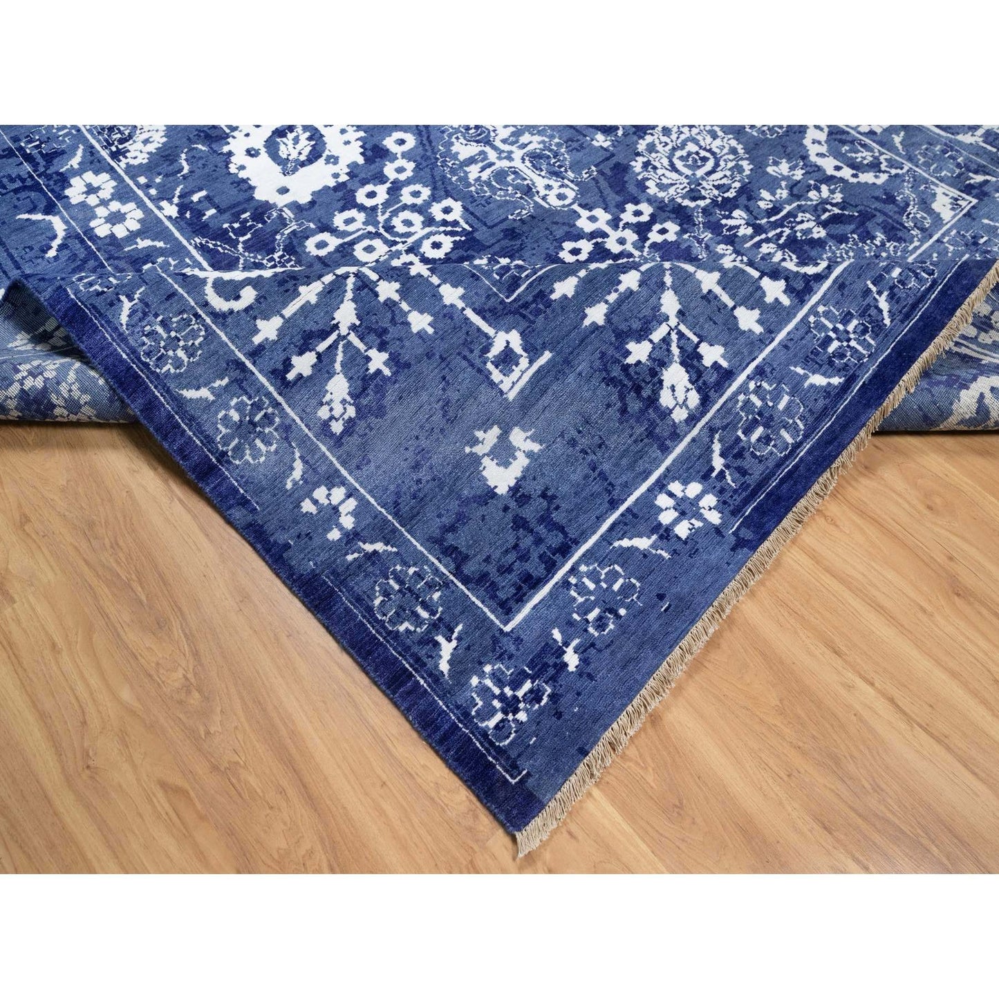9'X12' Yale Blue Hand Knotted Tebraz With Leaf Motifs Wool And Silk Rug