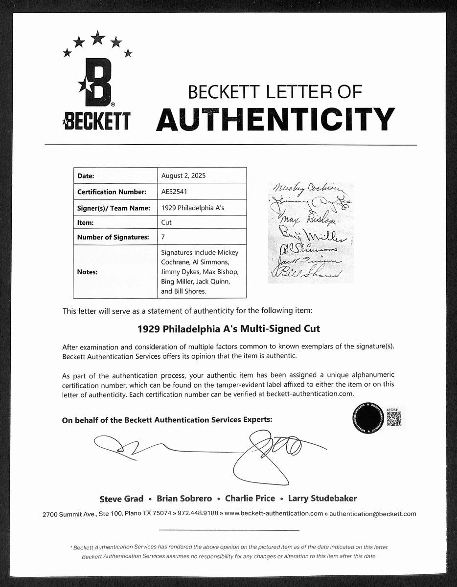 1929 Philadelphia Athletics Multi-Signed Cut (7) Simmons Cochrane Hof Bas 199693