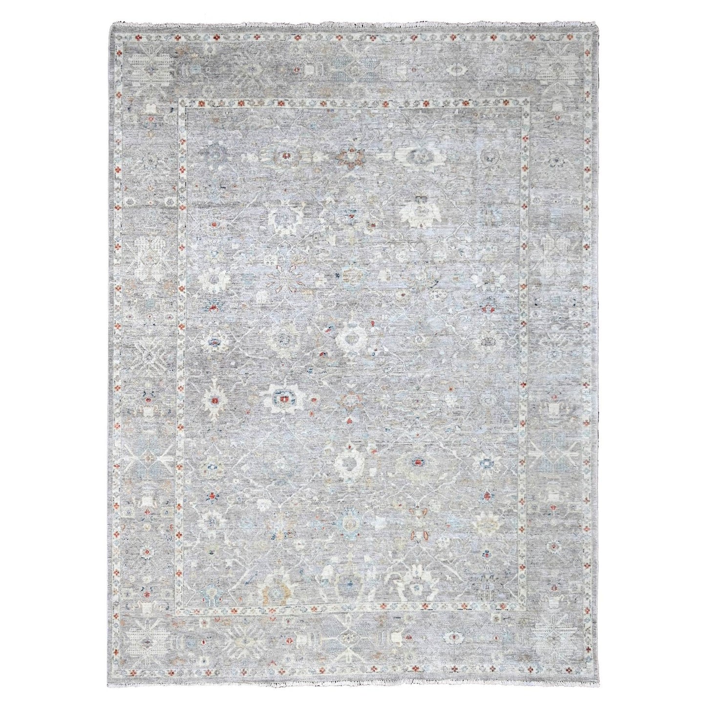 9'X11'9" Gray Antiqued Tebraz Design Zero Pile 100% Wool Hand Knotted Rug