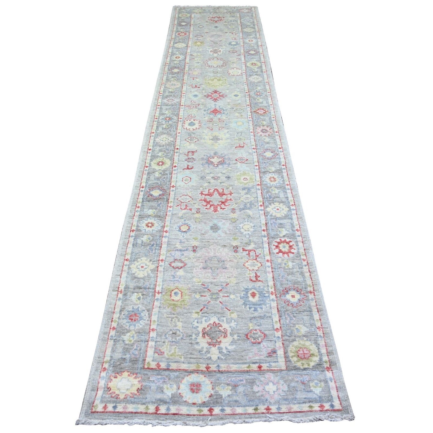 2'9"X13'7" Coin Gray Afghan Angora Oushak Hand Knotted Wool Runner Rug