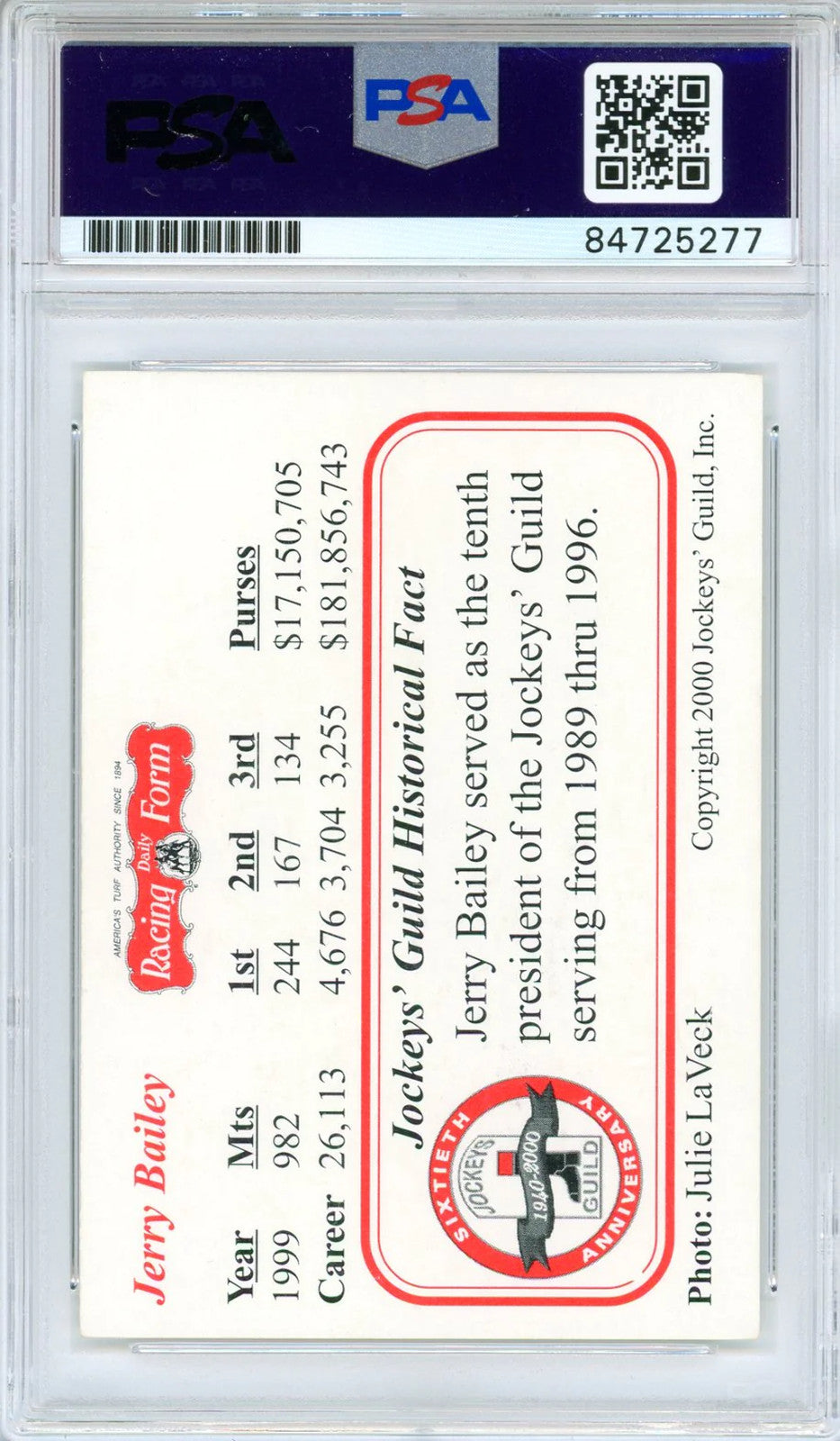Jerry Bailey Autographed 2000 Jockey S Guild Card (Psa Auto Gem Mt 10)
