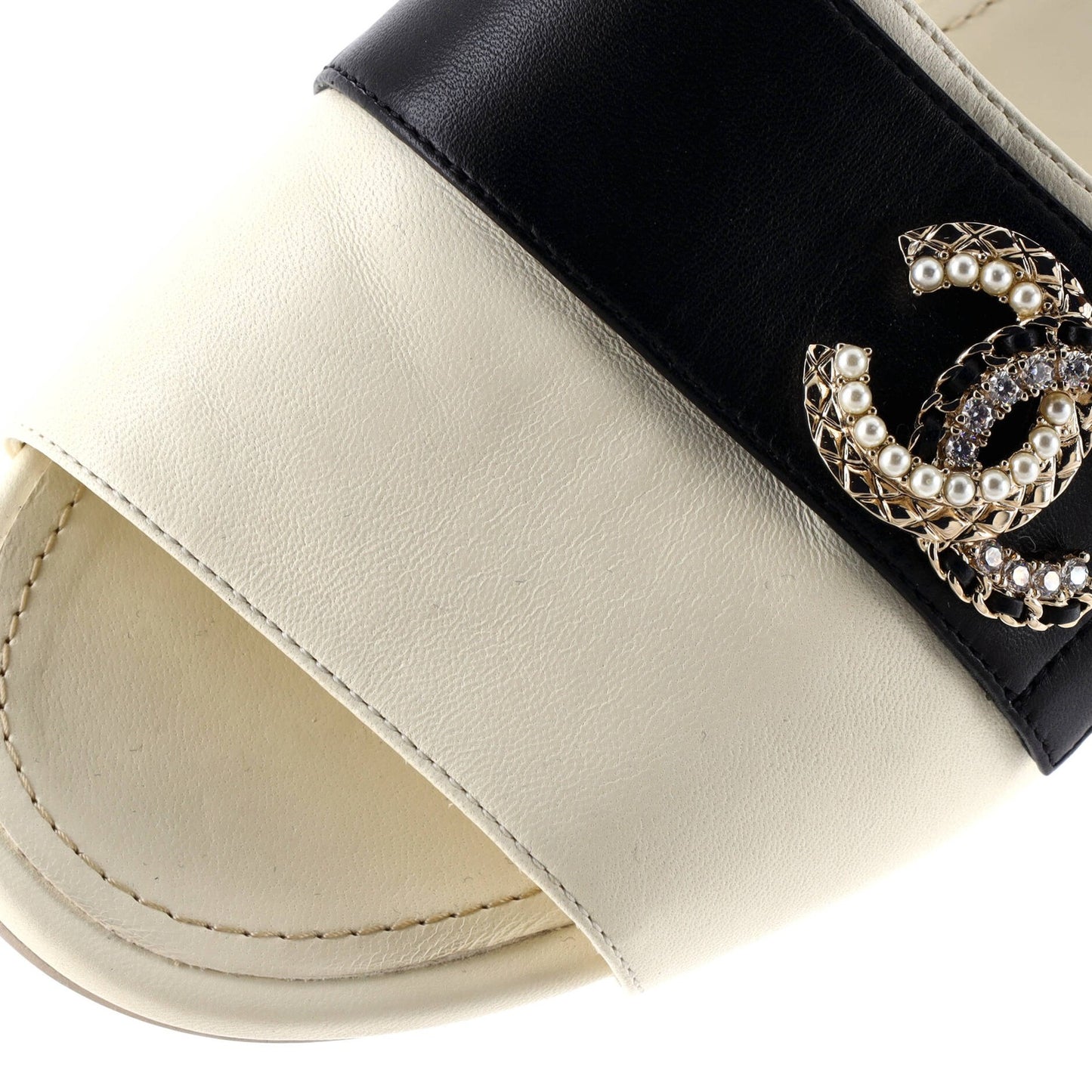 Faux Chanel Women's Embellished CC Slide Sandals Leather with Crystals and