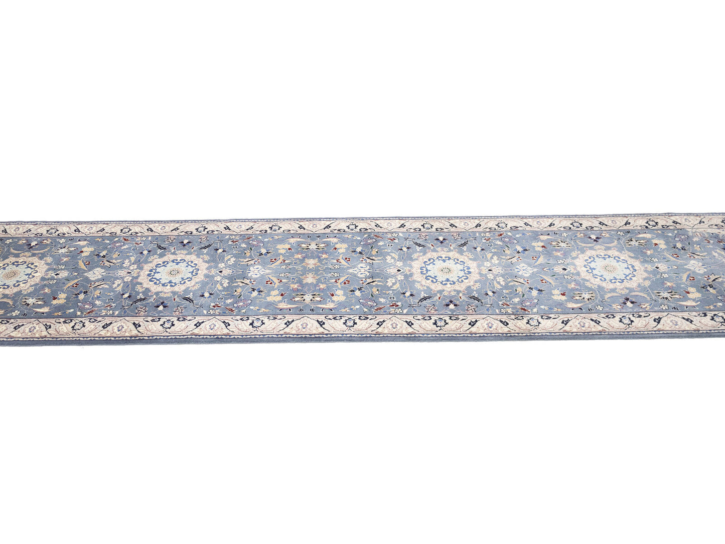 Blue-Gray Indo-Nain Wool Runner Rug Floral