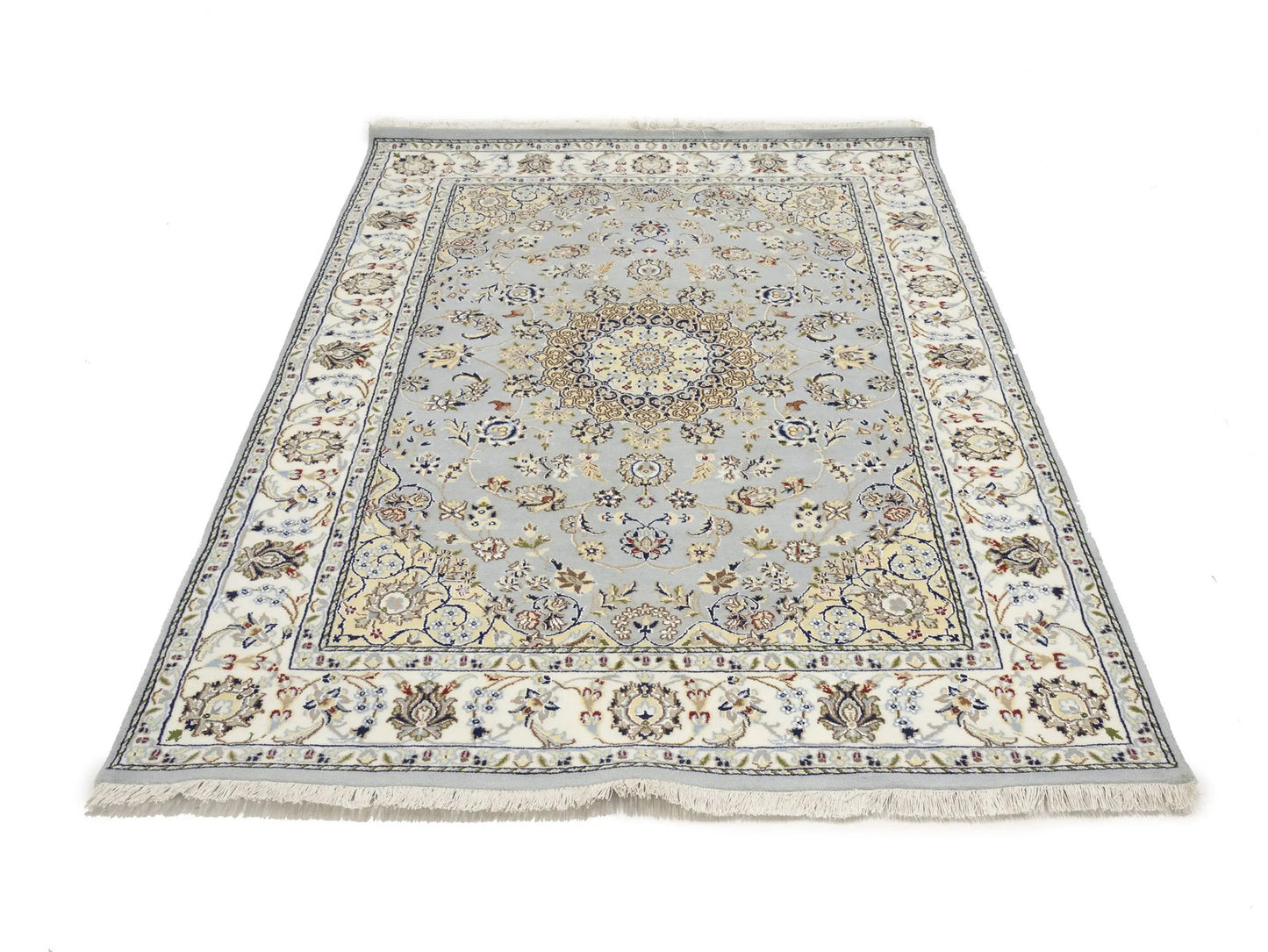 Wool Silk Indo-Nain Blue Gray 5X7 Ft Oriental Rug