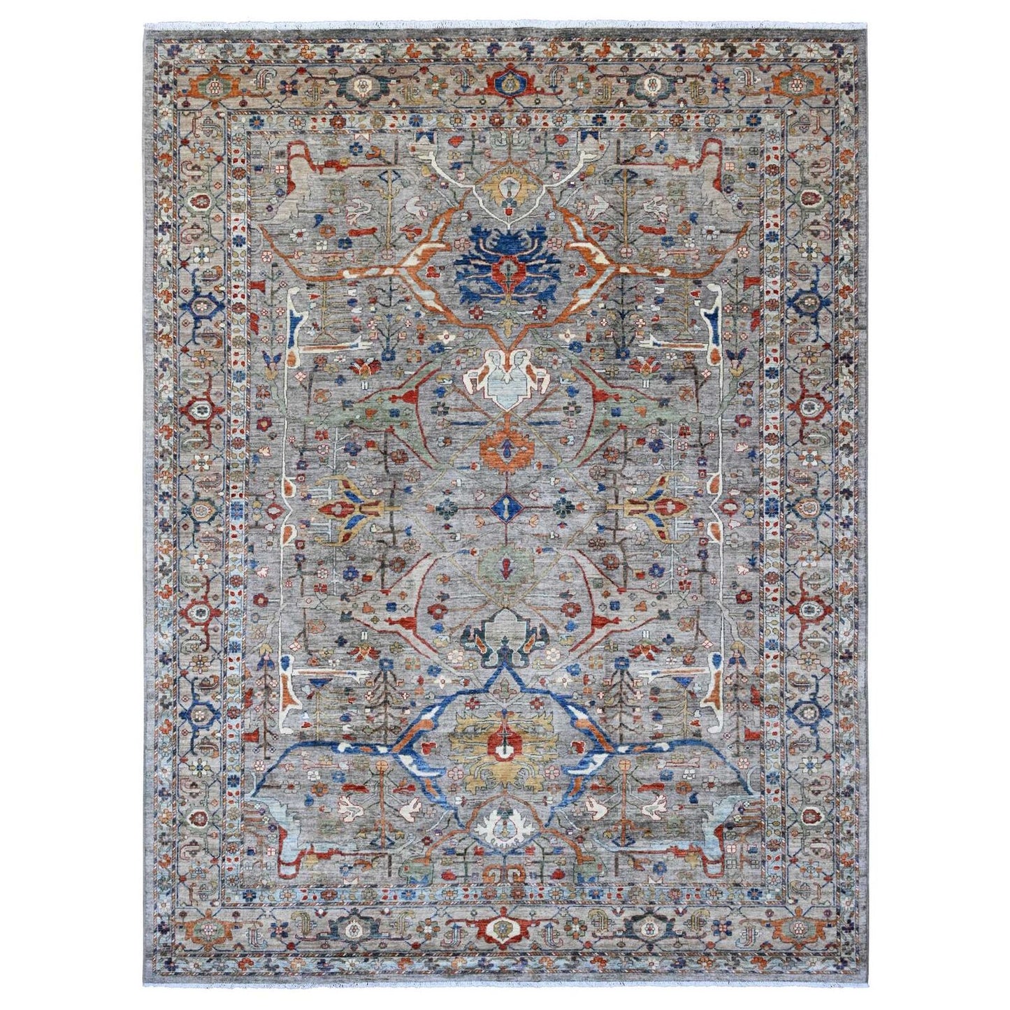 9'X12' Gray Peshawar With Bijar Garus Design Hand Knotted Pure Wool Rug