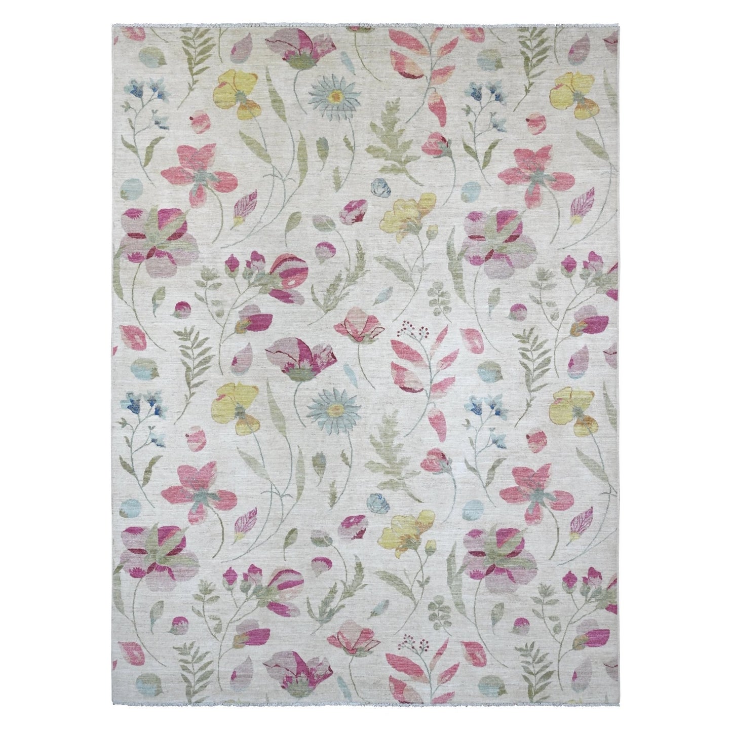 9'X11'9" White Colorful Botanical Garden Design All Wool Hand Knotted Rug