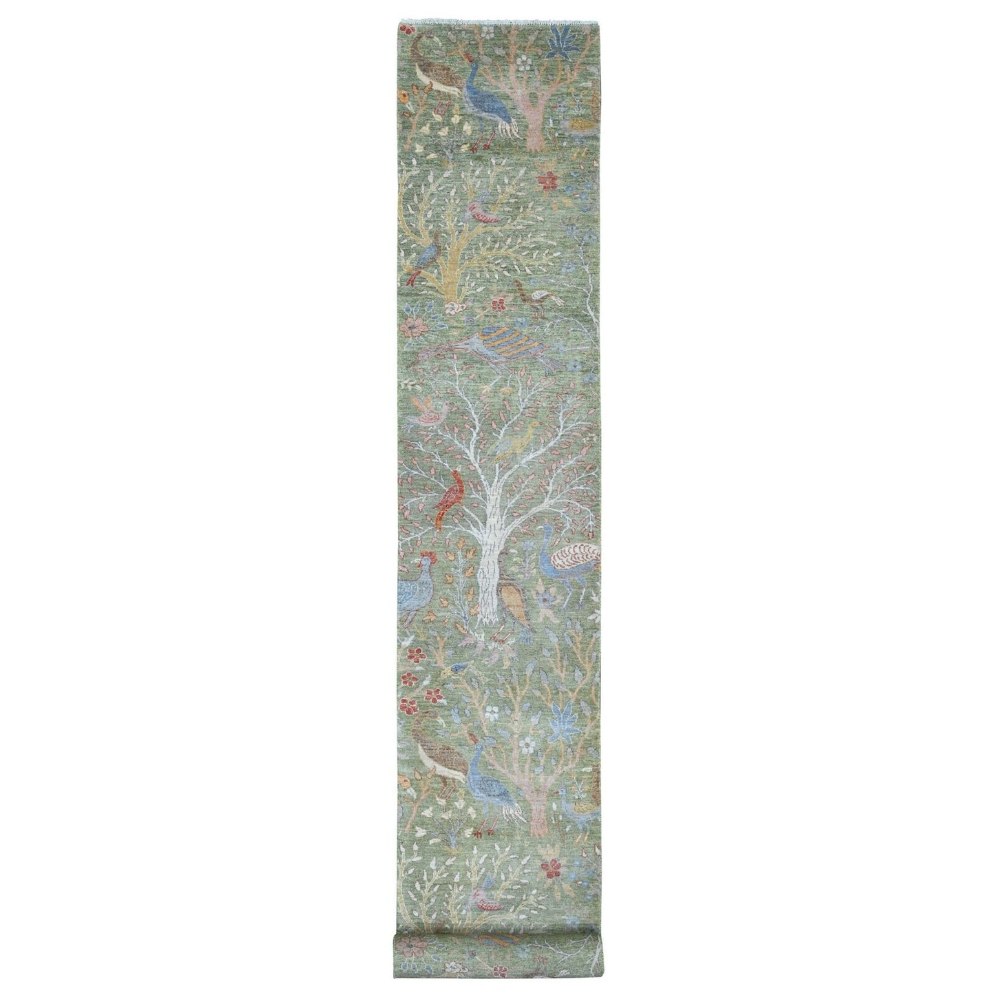 2'7"X19'9" Green Wool Afghan Peshawar Bird Design Hand Knotted Runner Rug