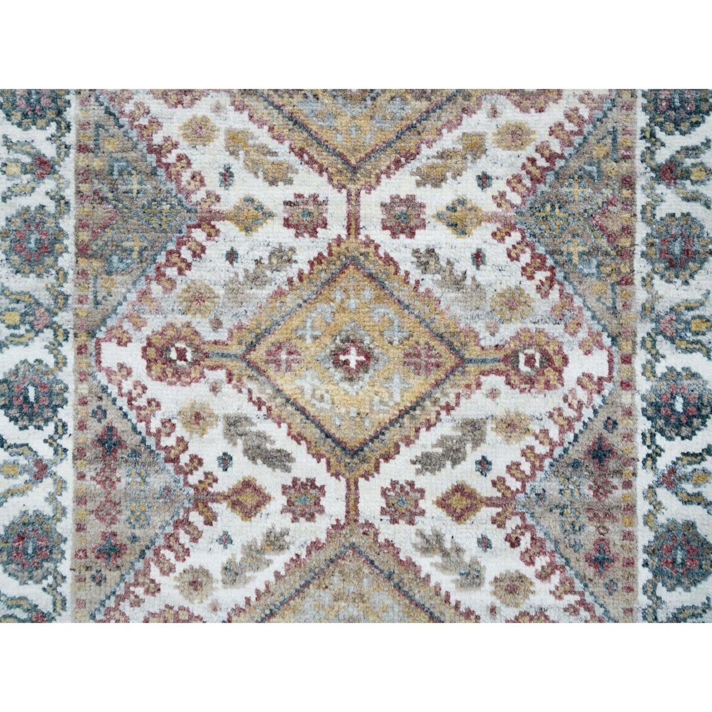 2'7"X18' Ivory Hand Knotted Flower Rosettes Border Xl Runner Oriental Rug