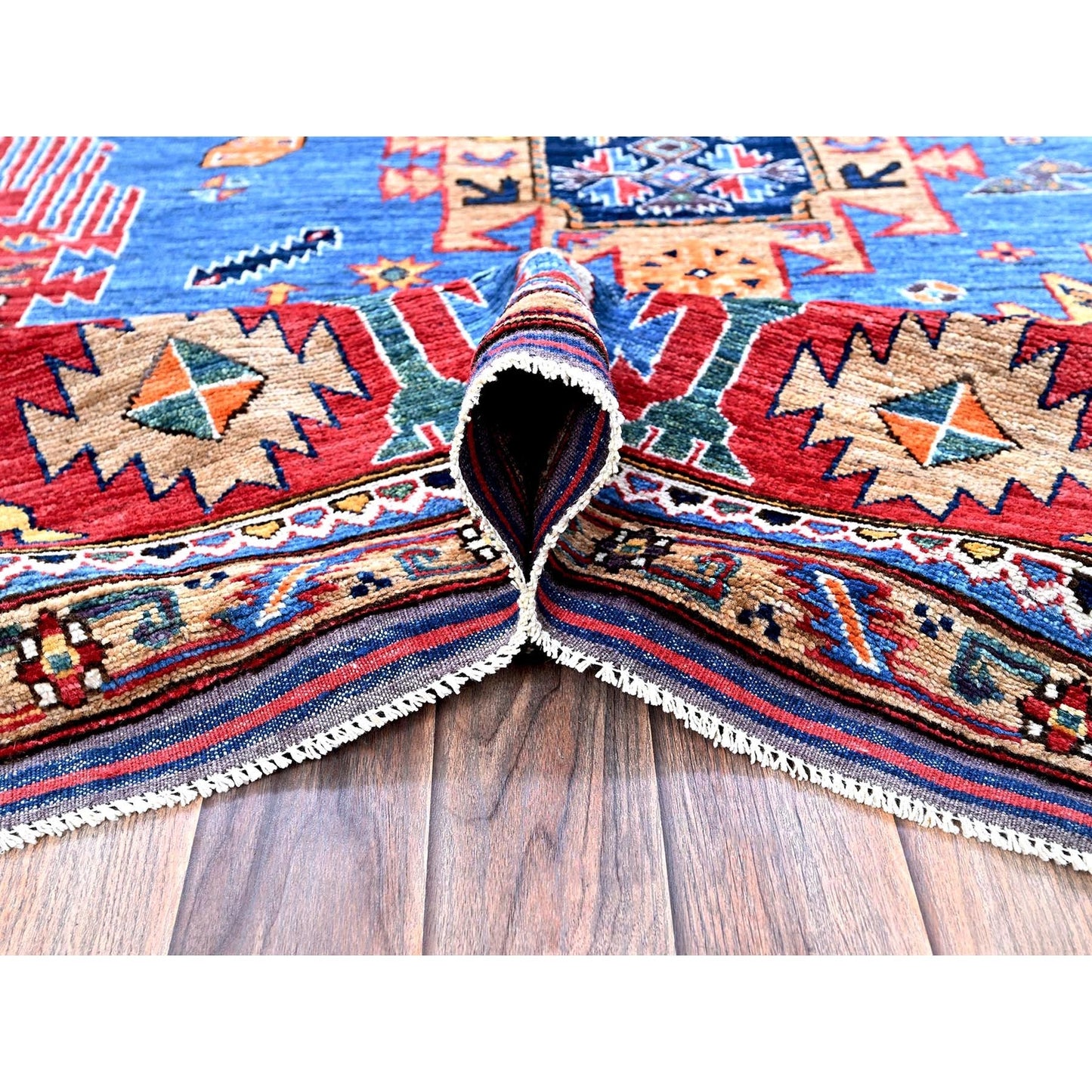 8'1"X9'10" Blue Afghan Caucasian Design Revival Hand Knotted Soft Wool Rug