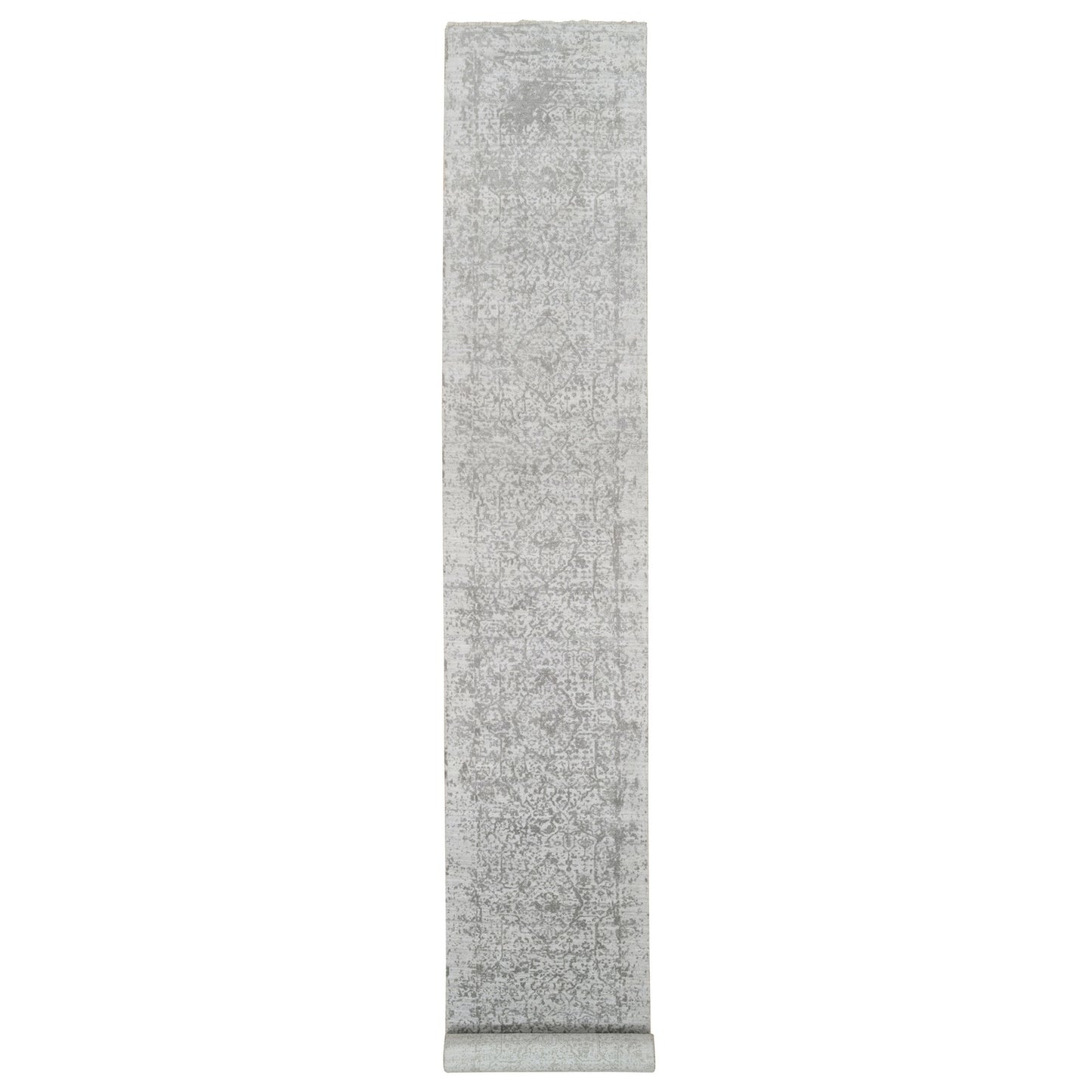 2'7"X20' Gray Wool And Silk Zoroastrian Design Hand Knotted Xl Runner Rug
