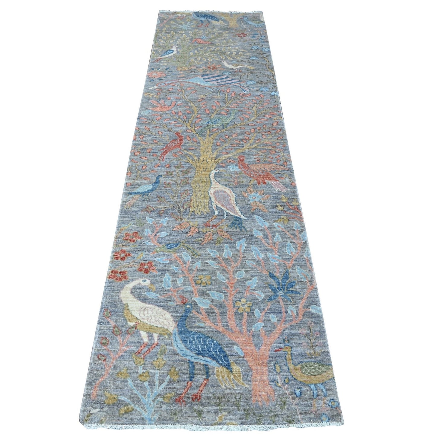 2'7"X10' Gray Peshawar Birds Of Paradise Wool Hand Knotted Runner Rug