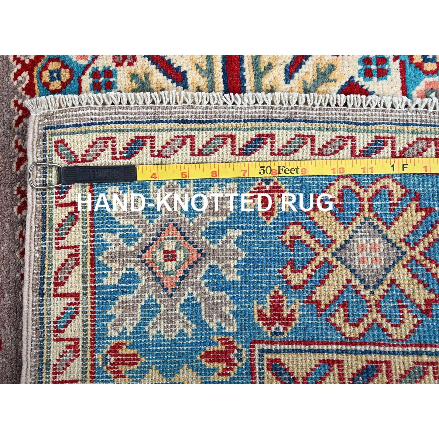 4'X5'9" Dove Gray Hand Knotted Kazak Geometric Medallions Design Wool Rug
