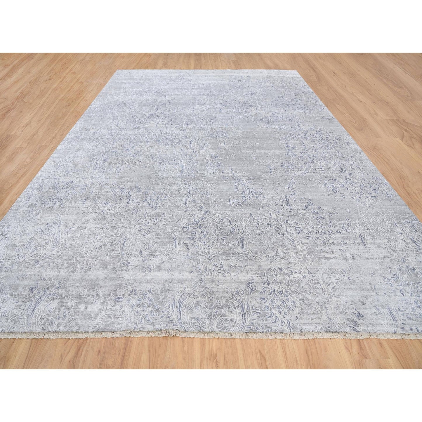 10'X13'10" Ivory Hand Knotted Damask Design Wool And Plant Based Silk Rug