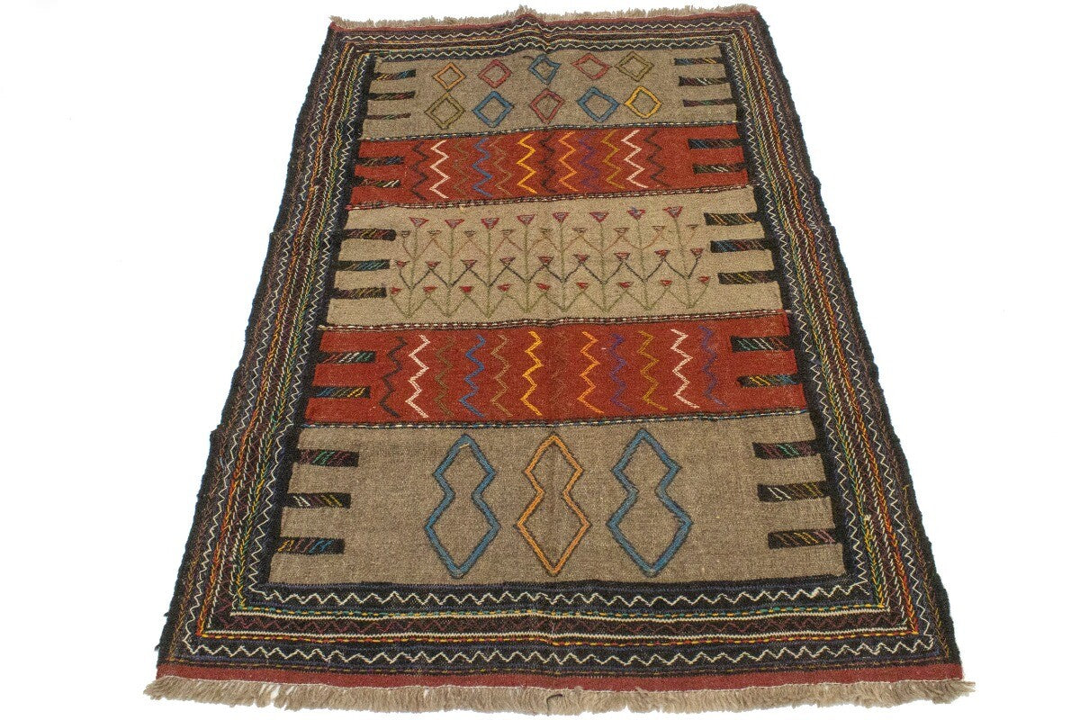 Tribal Sumak Herati Flat-Weave Oriental Rug Khaki