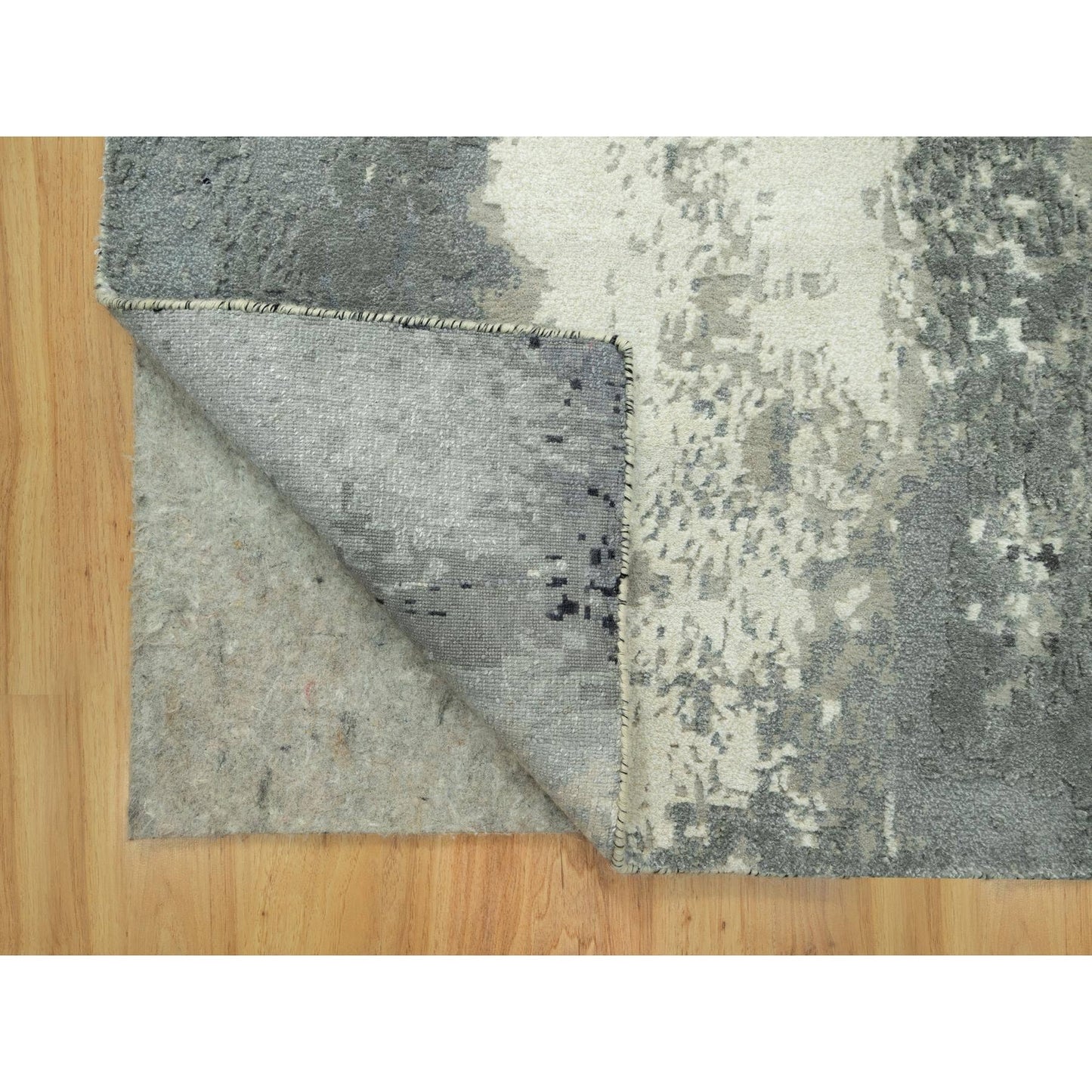 2'7"X10' Pitch Black Abstract Design Wool-Silk Hand Knotted Runner Rug