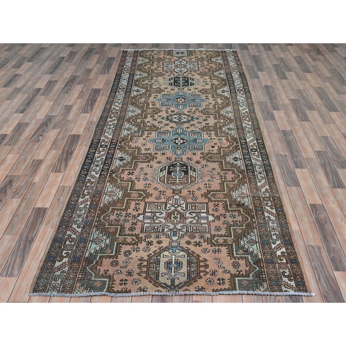 4'7"X12'9" Peach Vintage Farsian Hand Knotted Pure Wool Wide Runner Rug