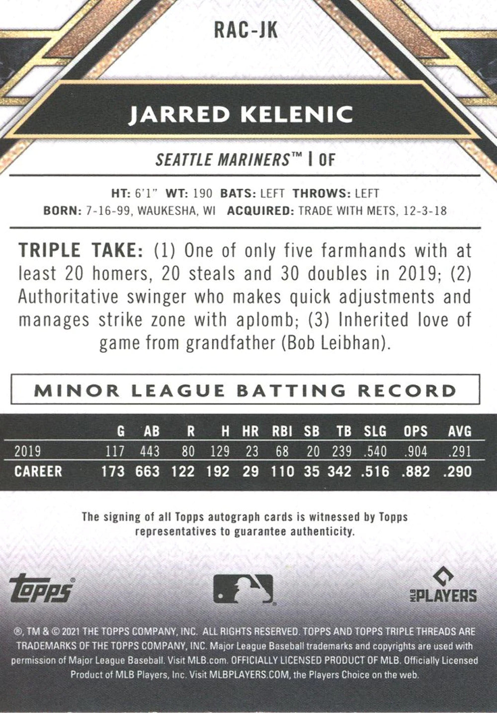 Jarred Kelenic 2021 Topps Autographed Rookie Card #1/25