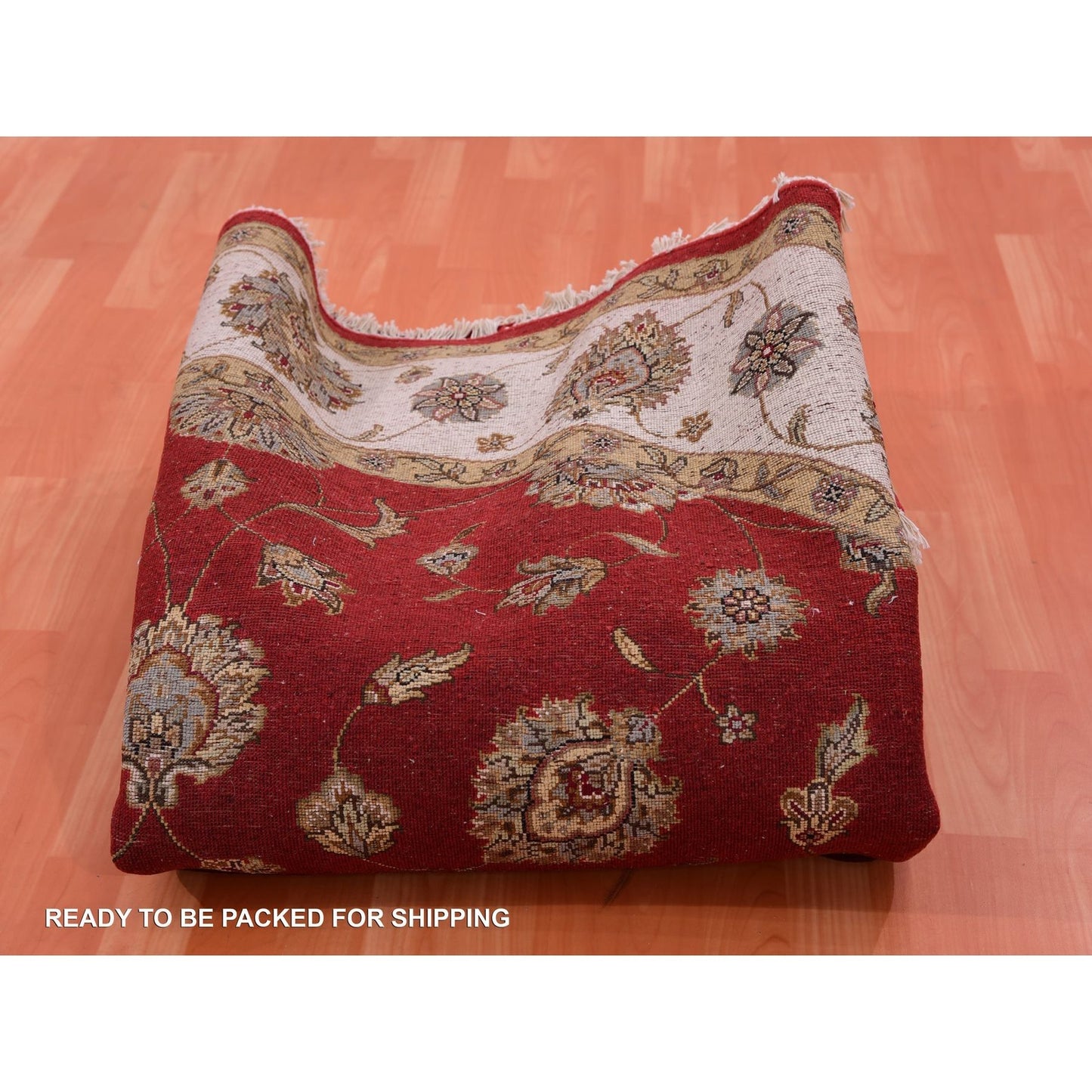 8'X8' Red Dahlia Wool And Silk Hand Knotted Rajasthan Design Round Rug