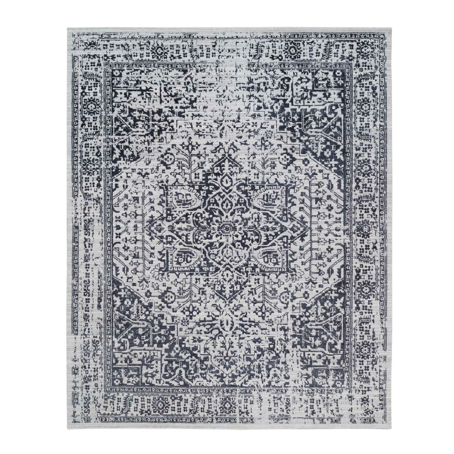 8'X10' Black Wool And Silk Hand Loomed Erased Serapi Heris Design Rug