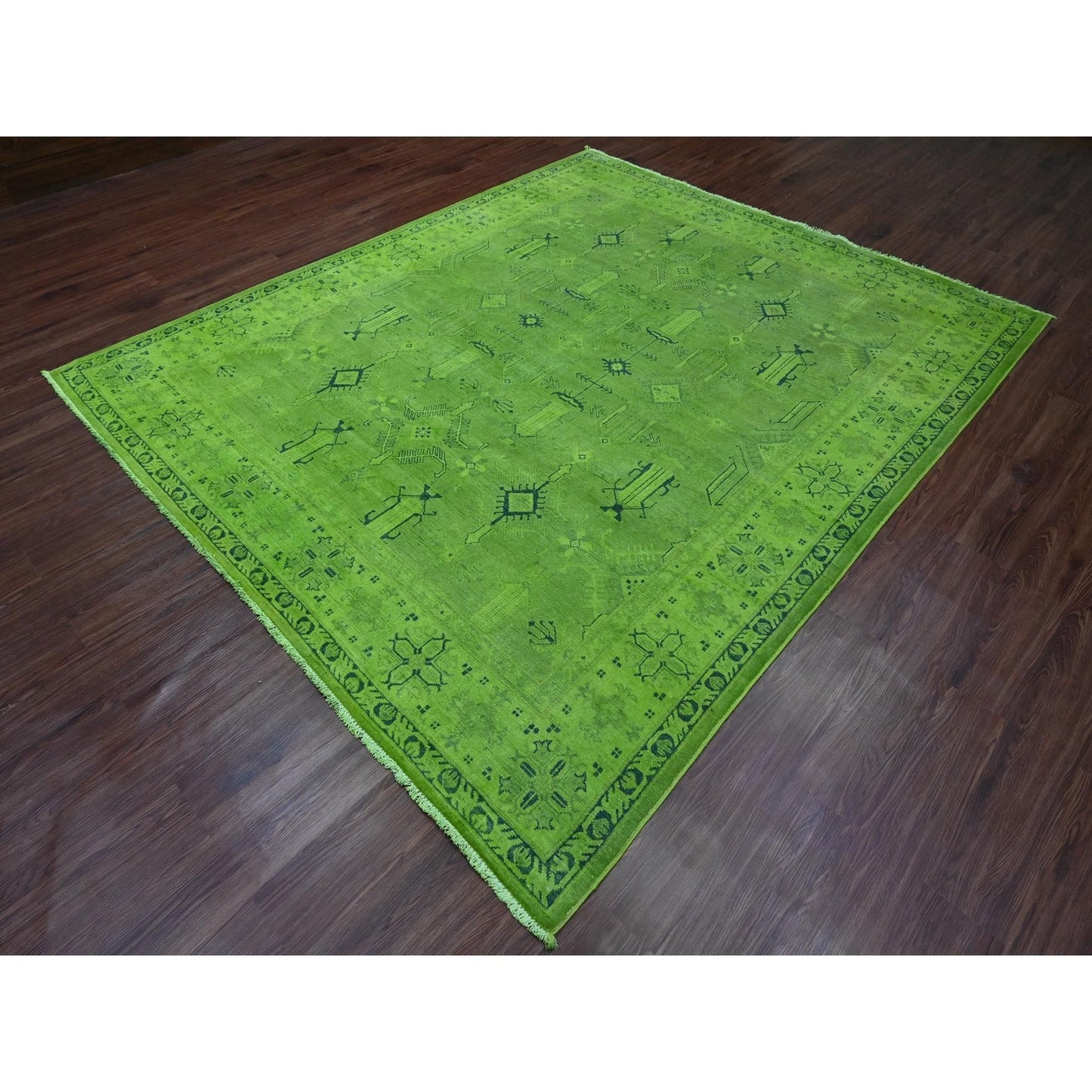 8'X9'6" Green Overdyed Kazak Geometric Pattern Hand Knotted 100% Wool Rug