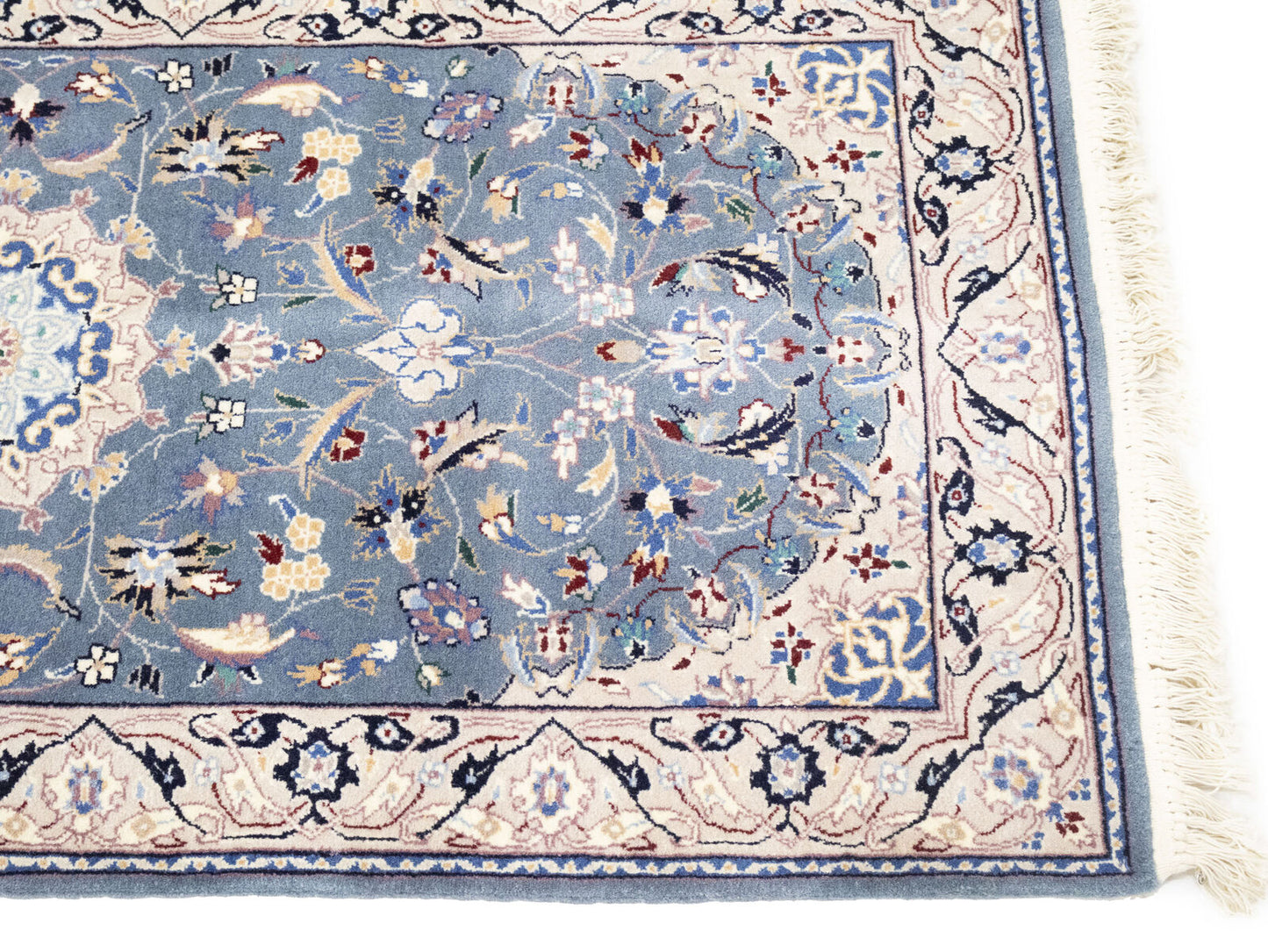 Blue-Gray Indo-Nain Wool Runner Rug Floral