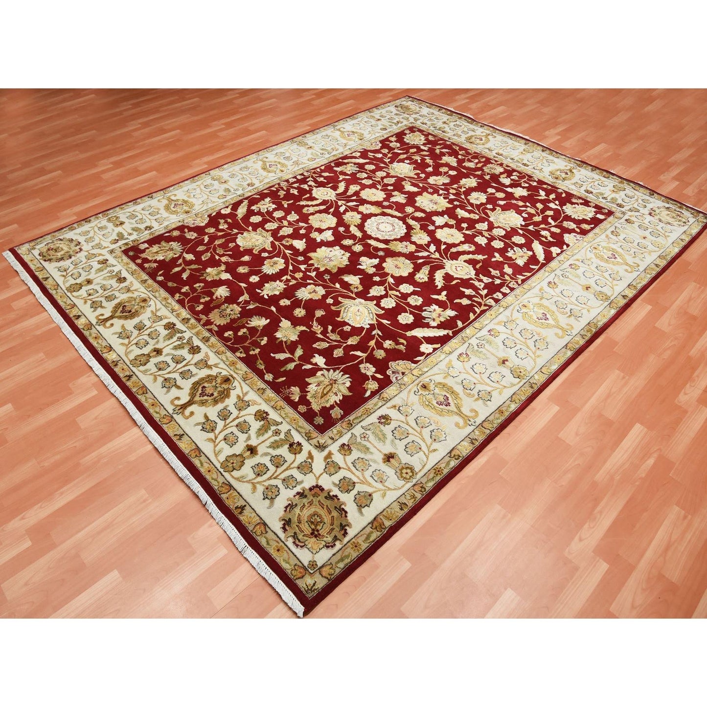 9'X12' Burgundy Red Rajasthan Design Wool And Silk Hand Knotted Rug