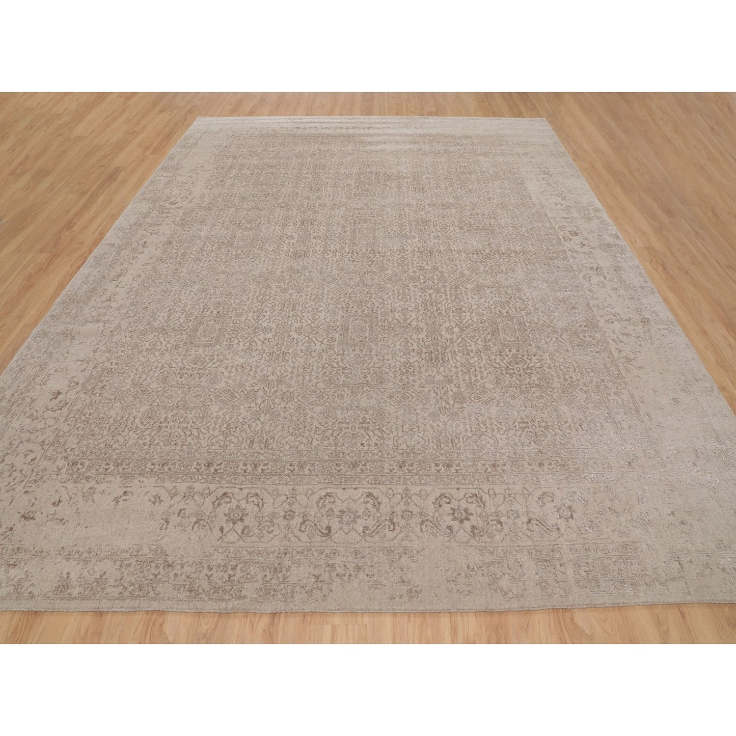 11'8"X14'8" Oversized Taupe Fine Jacquard Hand Loomed Wool And Artsilkrug