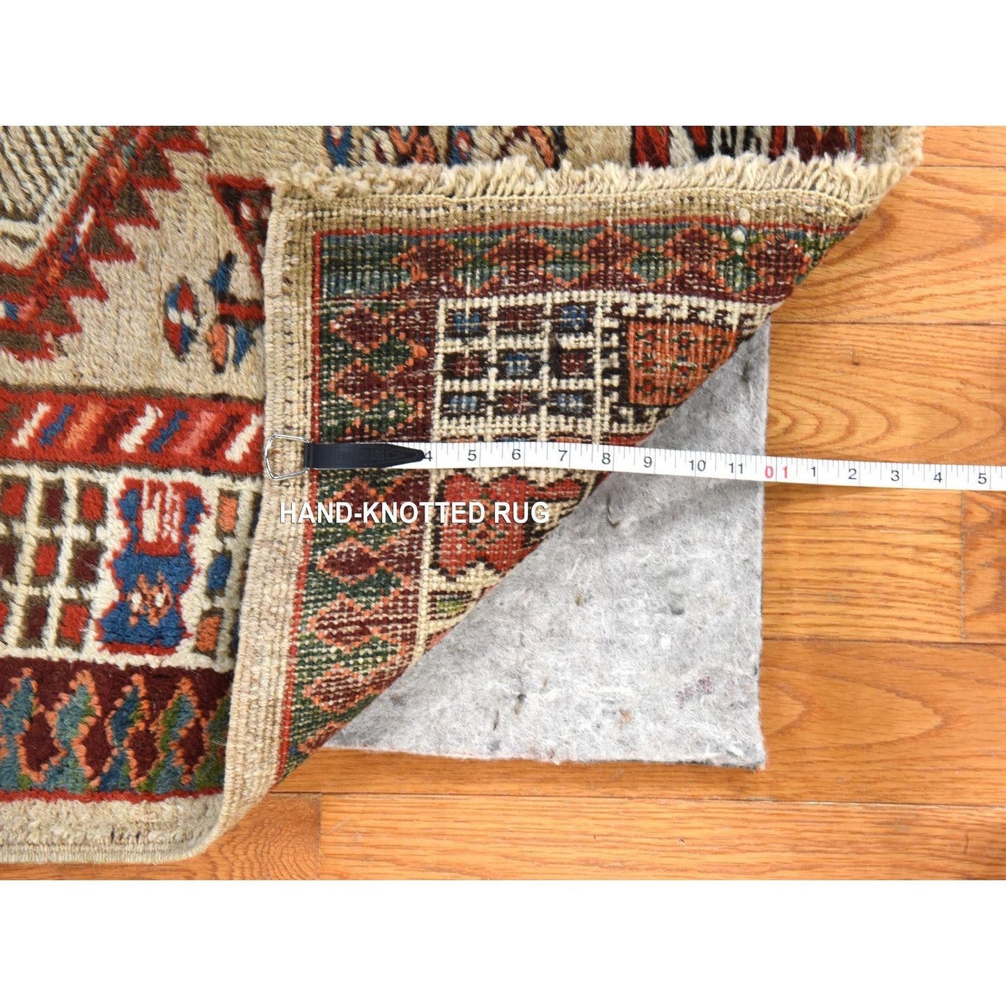 3'7"X8' Ivory Antique Zoroastrian Serrib Hand Knotted Wool Runner Rug