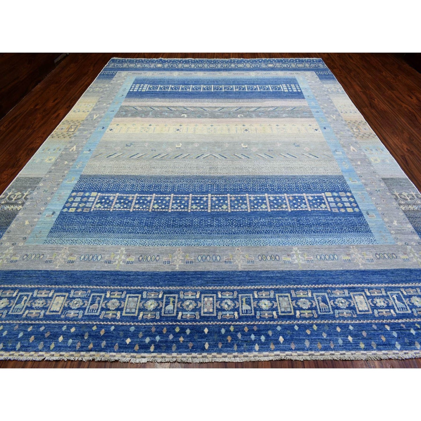 10'2"X13'7" Blue Afghan Kashkuli Gabbeh Pure Wool Hand Knotted Rug