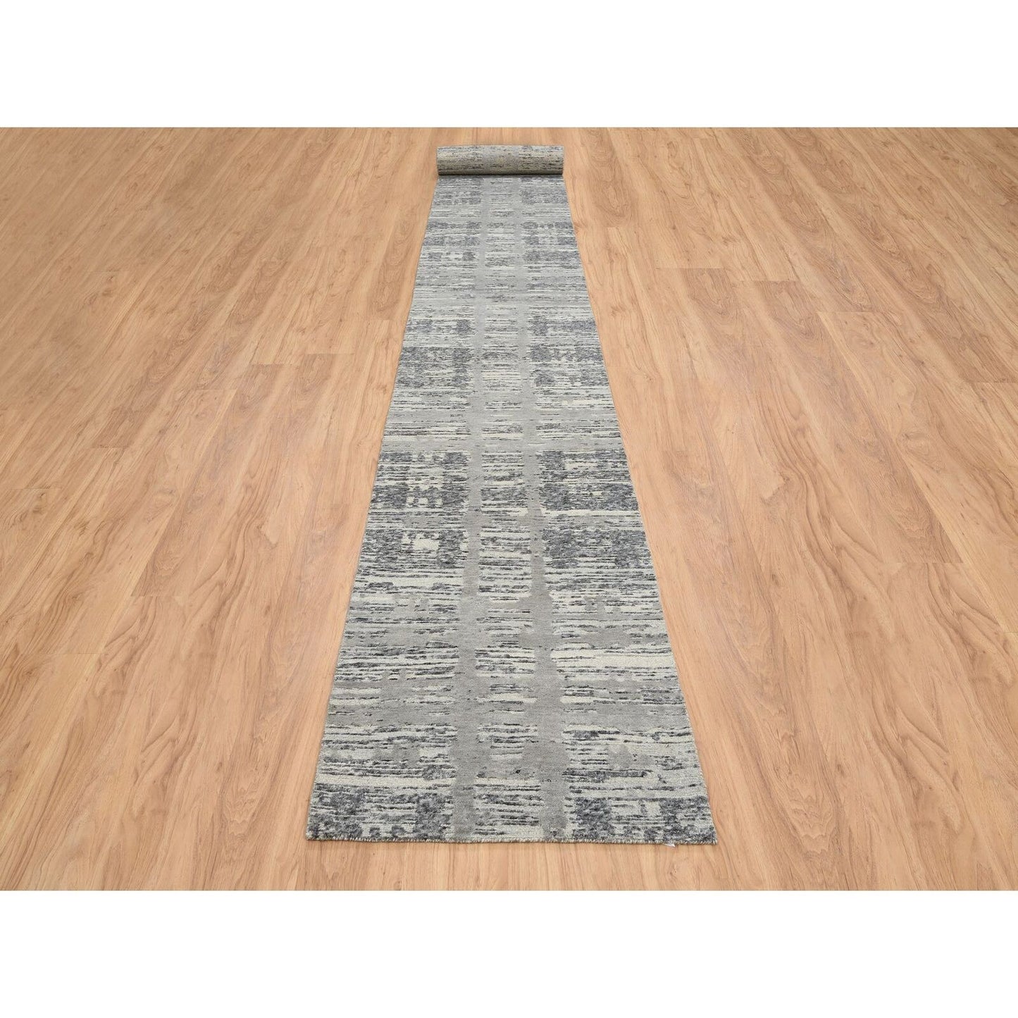 2'7"X23'8" Gray Wool Hand Knotted Modern Design Xl Runner Rug