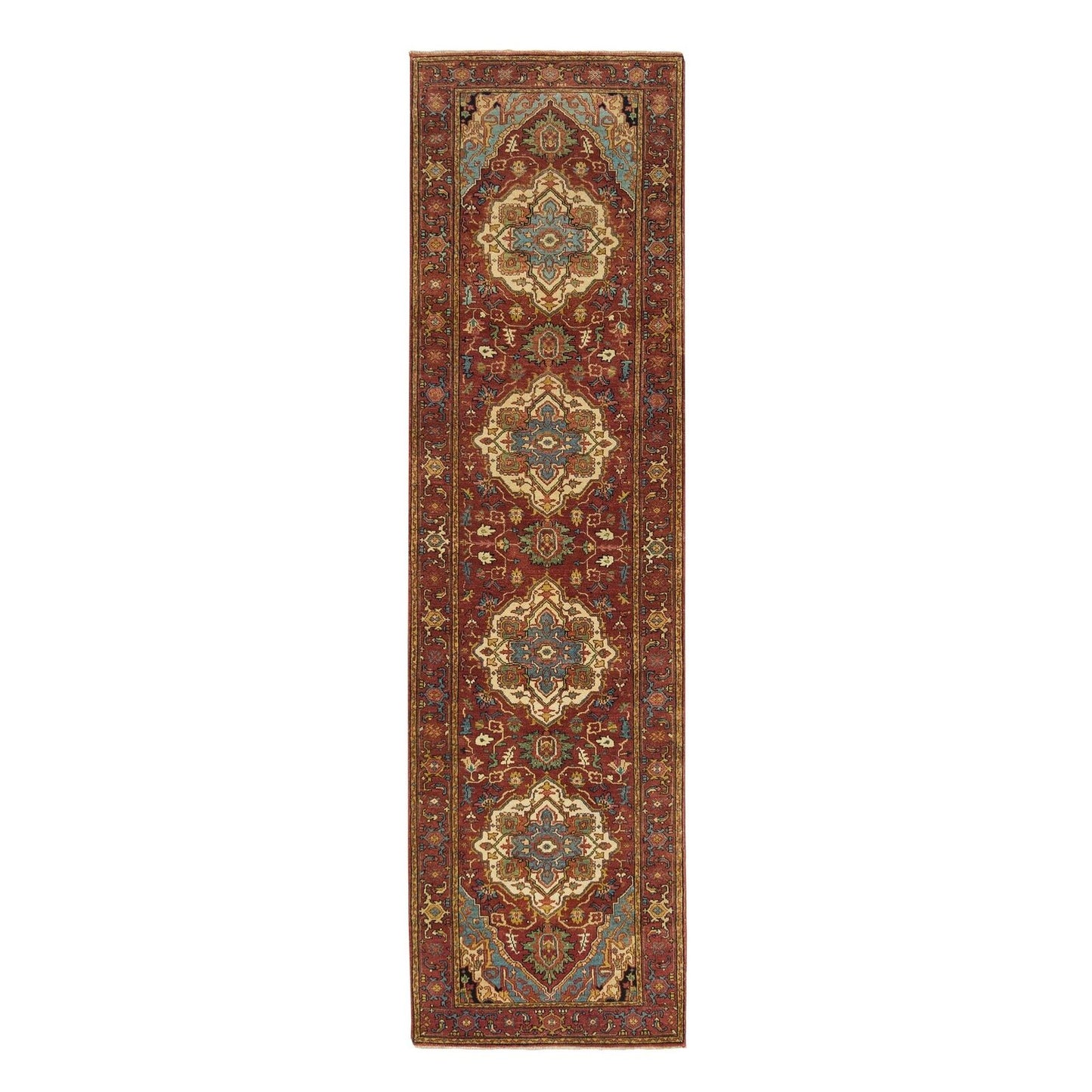 2'7"X10' Red Hand Knotted Fine Heris Re-Creation Wool Runner Oriental Rug