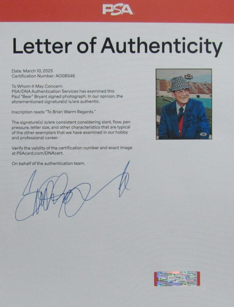 Paul "Bear" Bryant Signed/Inscribed 8X10 Photo