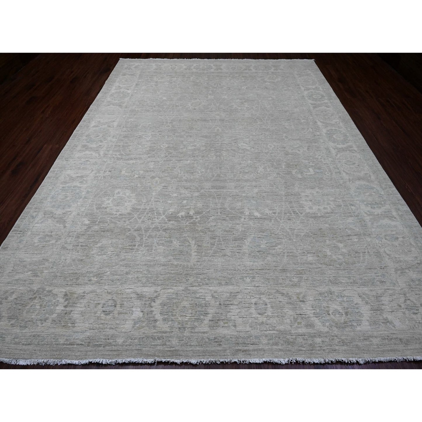 9'X12' Gray Hand Knotted Washed Out Peshawar Vines Design 100% Wool Rug